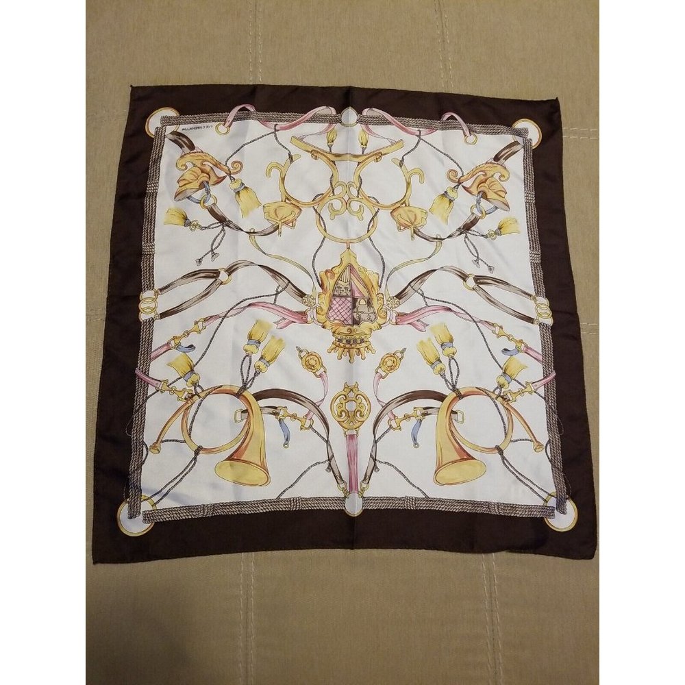 NEW Liz Claiborne Silk Scarf Crown Tassel Belt Ribbon Horn Crest Brown